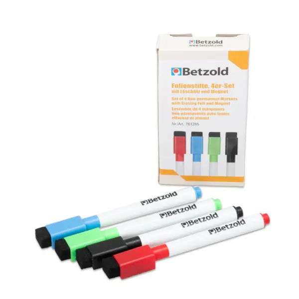 Whiteboard-Penne Sæt med Slettefilt og Magnet, 4 stk i 4 Farver
