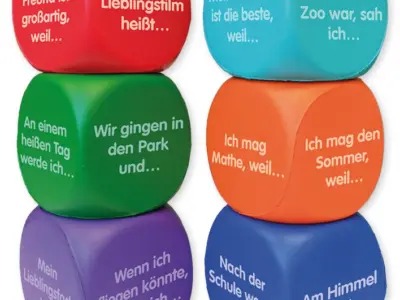 Terninger "Geschichten", 6 stk., 4 cm til Tyskundervisningen