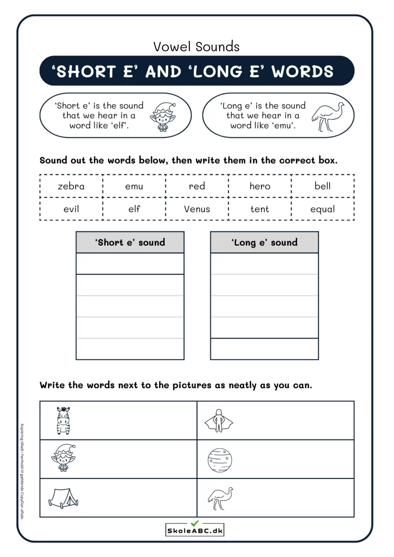 Engelsk opgaveark short and long e