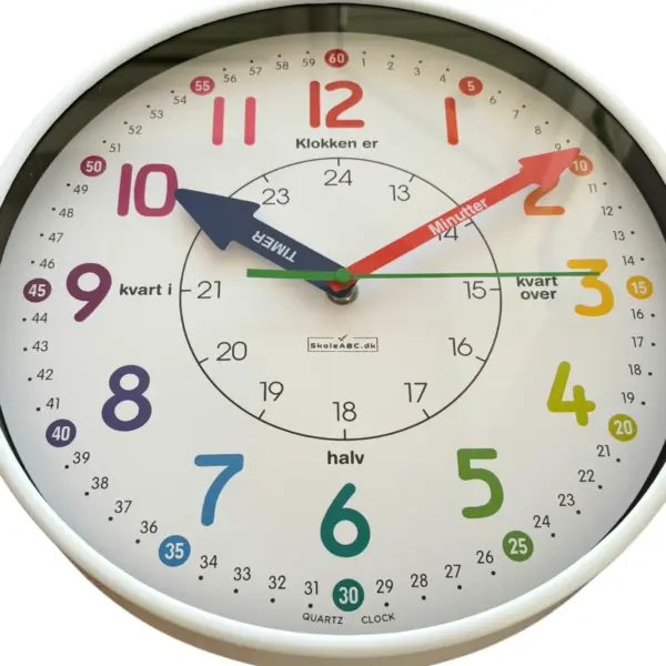 Læringsur 30 cm, hvid ramme, lær klokken, vægur til børn
