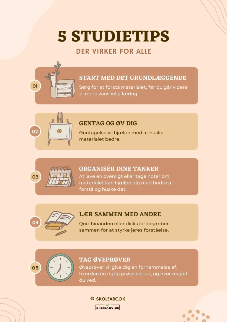 5 studietips plakat til klassen eller gruppen.