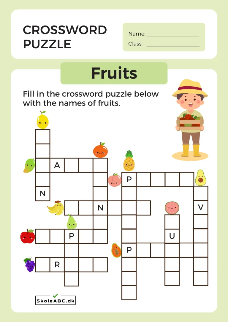 Engelsk krydsord fruits - frugter. Download pdf til skole og hjem.