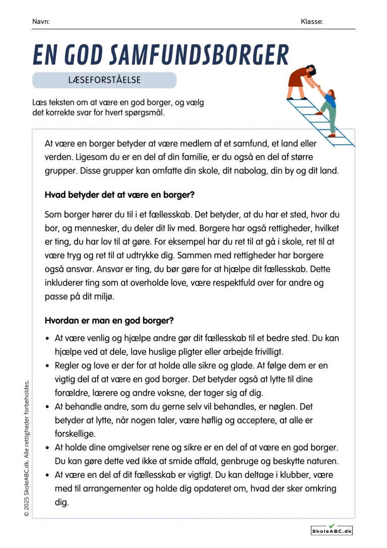 Opgaveark til Læseforståelse En god samfundsborger. Kan også bruges til Samfundsfag eller Kristendom.