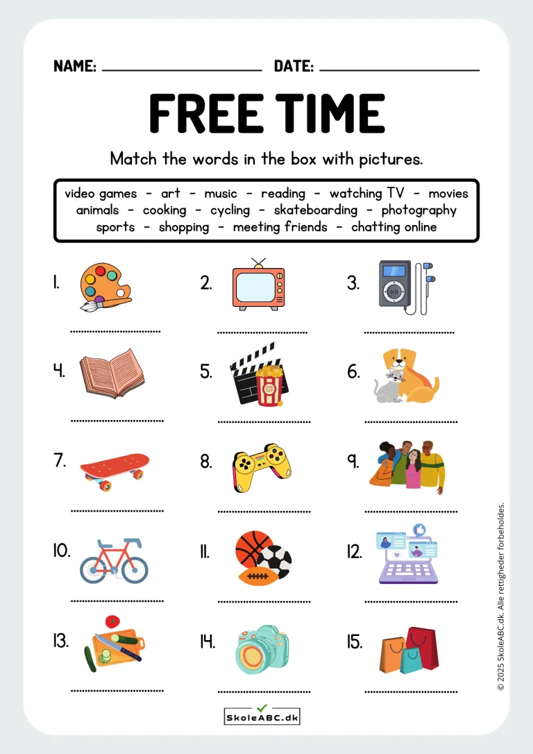 Free Time Engelsk Opgave. Til indskoling engelsk materialer.