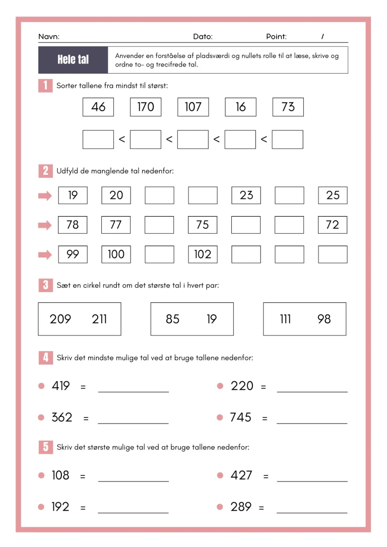 Hele tal. Hæfte til talforståelse. Gratis opgave til matematik i indskoling og børnehave.