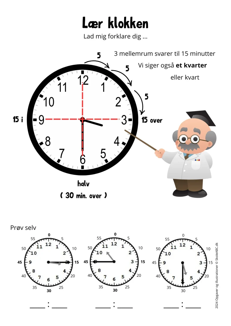 Lær klokken opgaver. Gratis Download. Lær 15 minutter interval på et analogt ur.