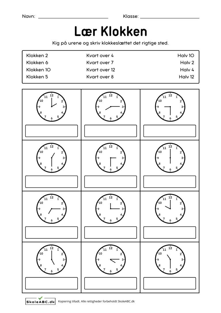 Lær klokken opgaver. Gratis Download.