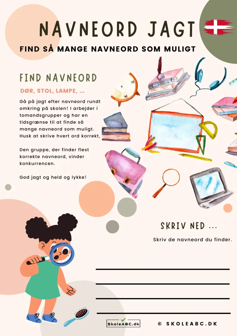 Navneord Jagt - en aktivitet til dansk undervisning. Gratis materiale til dansk i indskoling.