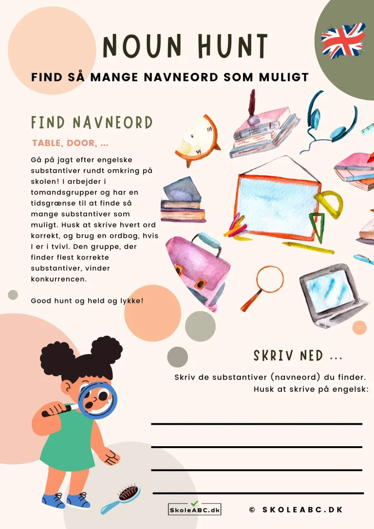 Noun Hunt aktivitet til engelsk undervisning indskoling og mellemtrin. Sjov aktivitet til at øve engelske navneord. Gratis download.