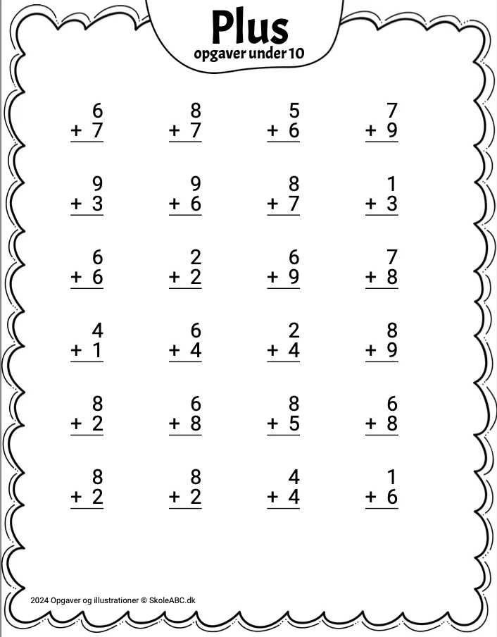 Plusopgaver til tal under 10. Indskolings matematik opgaver plus.