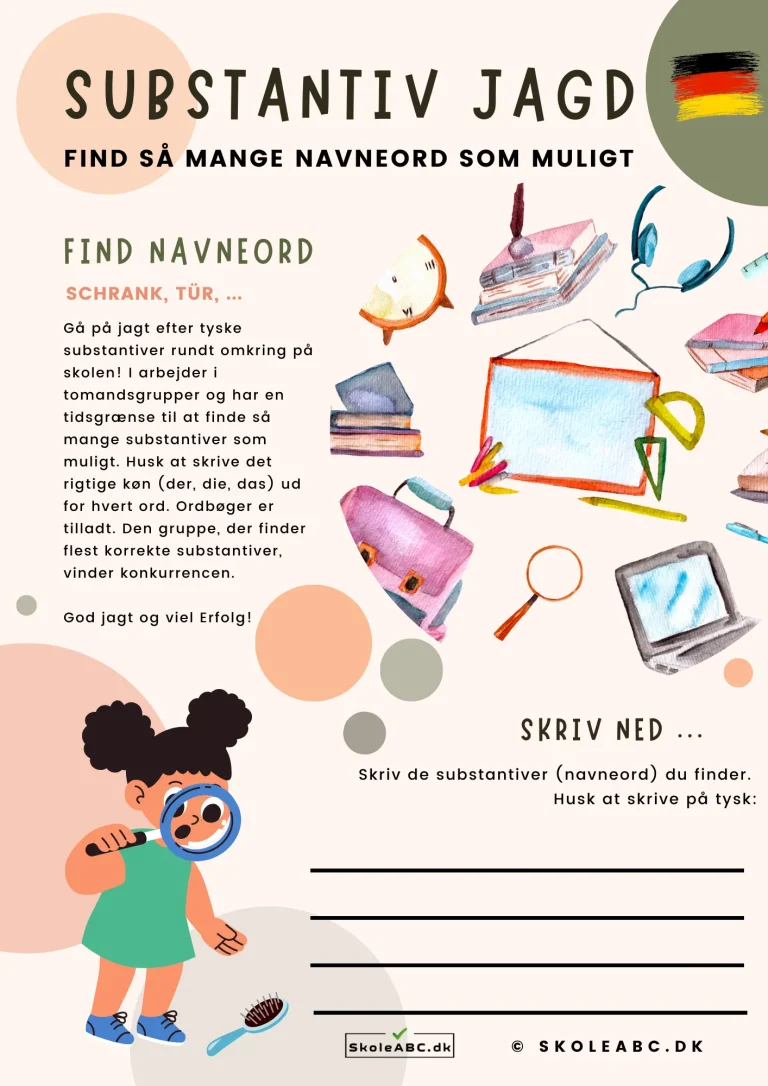 Substantiv Jagd - en gratis opgave til fri download i tysk undervisning. En aktivitet hvor elever skal finde navneord. Tysk undervisning leg.