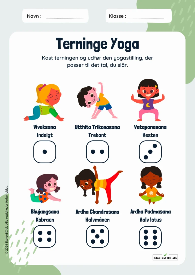Terninge Yoga til børn. Aktivitet til skole og hjem.