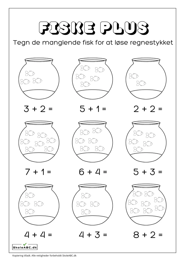 PLusopgaver til matematik. Fiskeplus. Tegn fisk i akvariet og regn plus stykker. Gratis download til matematik.