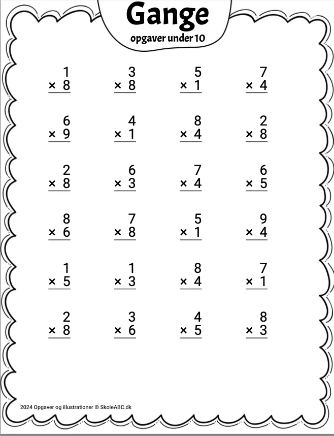 Gangeopgaver tabeller under 10