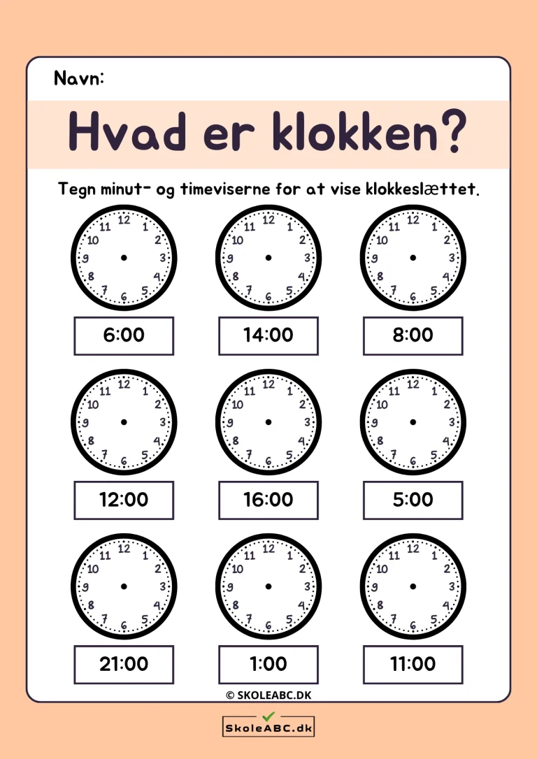 Hvad er klokken? Gratis opgave til at lære klokken.