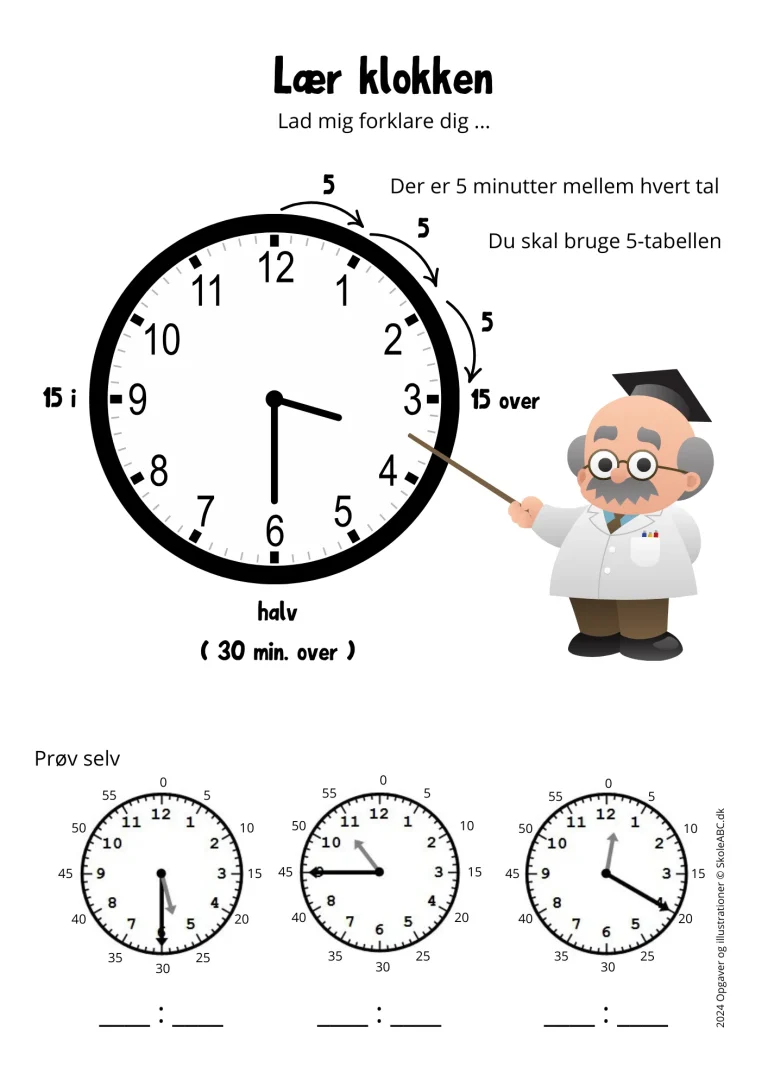 Opgaver til at lære klokken. Lær klokken nemt ved gratis opgaver til børn.