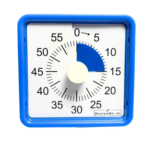 Lydløs timer i blå – et praktisk nedtællingsur til skole, hjem og køkken. Perfekt som time timer til opgaver, pligter og madlavning. CE-godkendt og robust design.