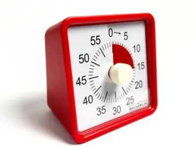 Lydløs timer i rød – et praktisk nedtællingsur til skole, hjem og køkken. Perfekt som time timer til opgaver, pligter og madlavning. CE-godkendt og robust design. Lille timer. Forfra.