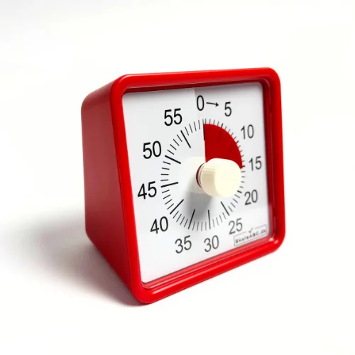 Lydløs timer i rød – et praktisk nedtællingsur til skole, hjem og køkken. Perfekt som time timer til opgaver, pligter og madlavning. CE-godkendt og robust design. Lille timer. Forfra.