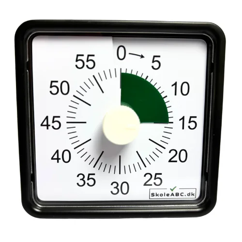 Lydløs timer i sort – et praktisk nedtællingsur til skole, hjem og køkken. Perfekt som time timer til opgaver, pligter og madlavning. CE-godkendt og robust design. ADHD timer. Skoletimer. Front.