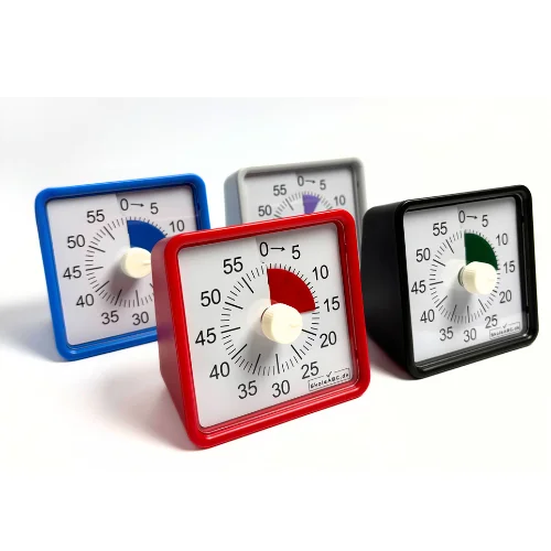 Lydløs timer i sort – et praktisk nedtællingsur til skole, hjem og køkken. Perfekt som time timer til opgaver, pligter og madlavning. CE-godkendt og robust design. ADHD timer. Skoletimer. Udvalg.