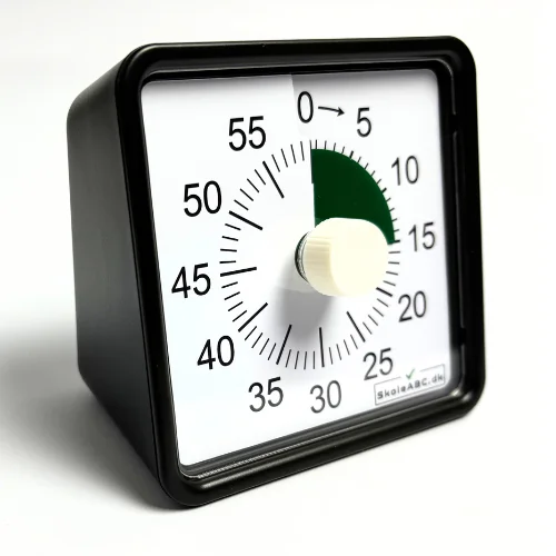 Lydløs timer i sort – et praktisk nedtællingsur til skole, hjem og køkken. Perfekt som time timer til opgaver, pligter og madlavning. CE-godkendt og robust design. ADHD timer. Skoletimer. Venstre.