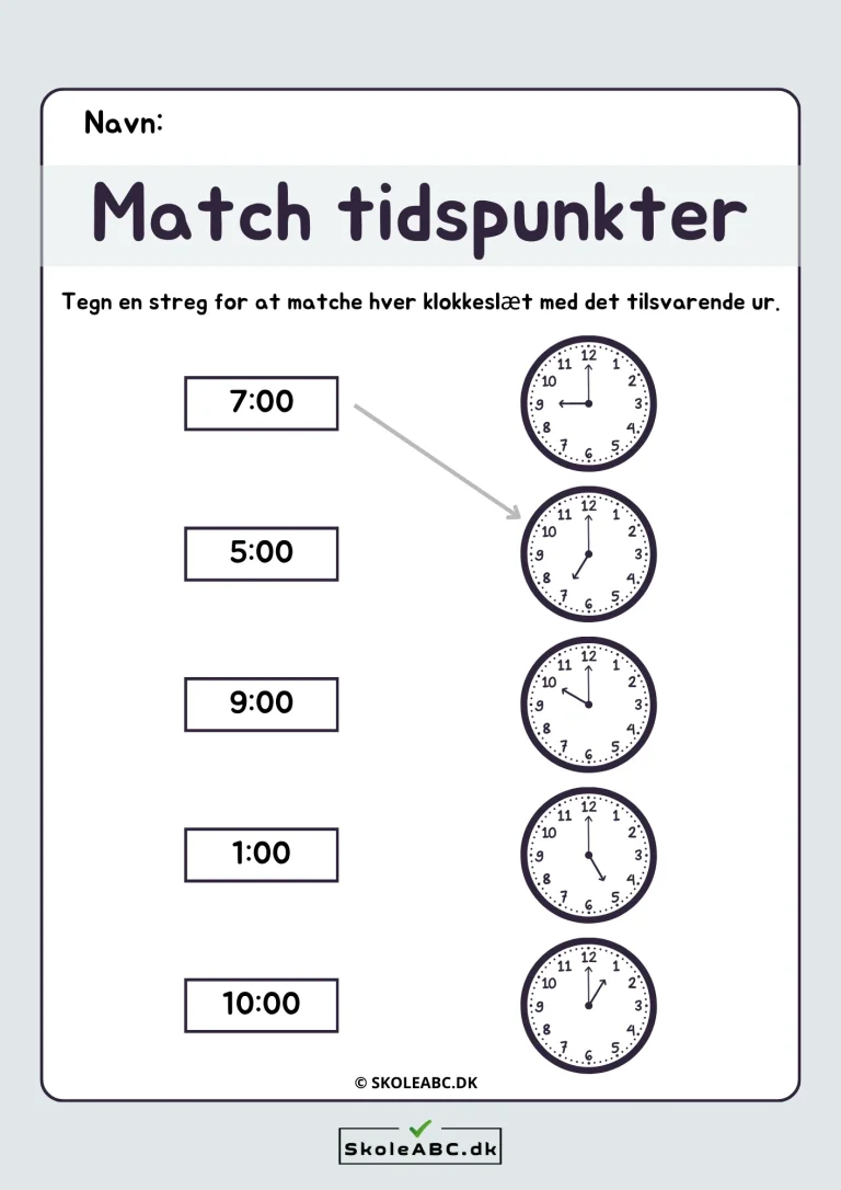 Match tidspunkter - Lær klokken med gratis materiale til download.