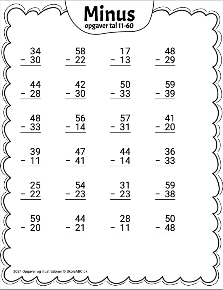 Hæfte med minusopgaver fra tallene 11-60