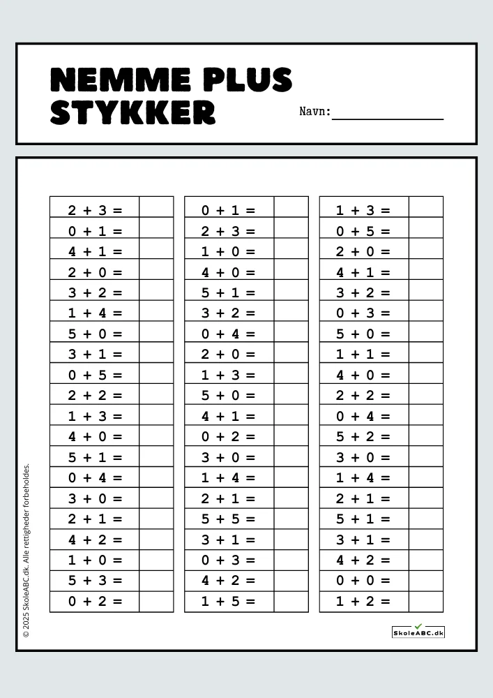 Nemme plusstykker. Plus opgaver i matematik. Gratis Download til indskoling.