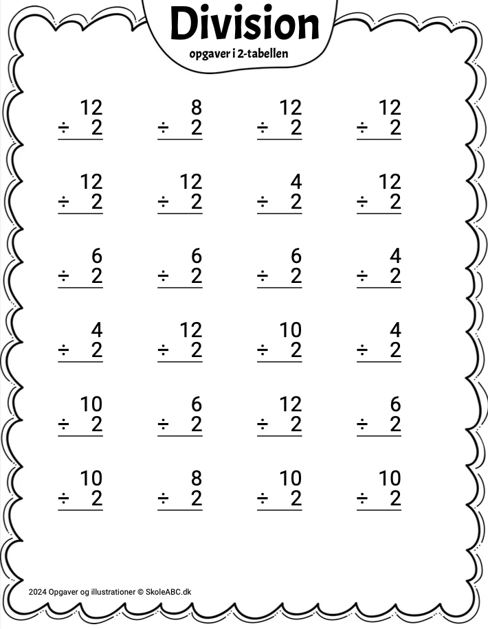Opgaver til Division med 2 tabellen. Øv divideret.