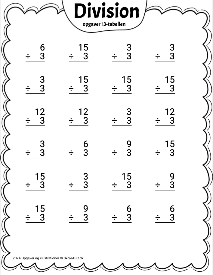 Opgaver til Division med 3 tabellen. Øv divideret.