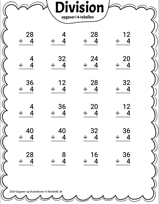 Opgaver til Division med 4 tabellen. Øv divideret.