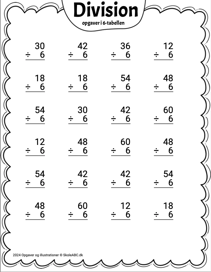 Opgaver til Division med 6 tabellen. Øv divideret.