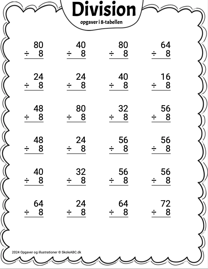 Divideret opgaver division i 8 tabellen. Gratis download.