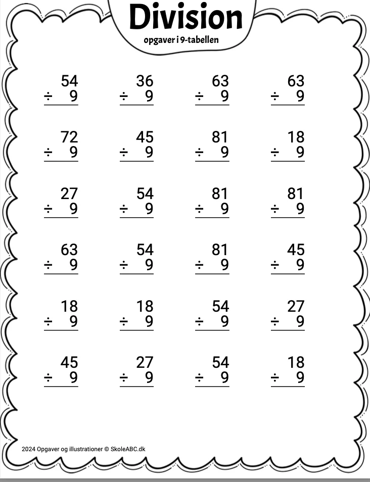 Divideret opgaver i division med 9 tabellen. Gratis Download af undervisningsmateriale.
