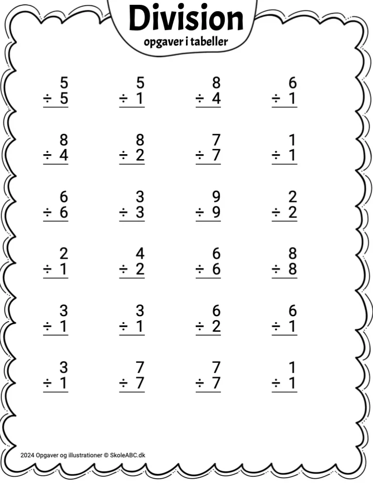Opgaver i division divideret i tabeller