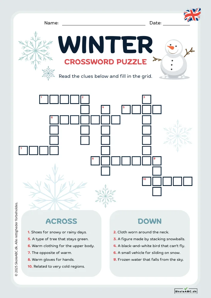 Winter Crossword engelsk indskoling.