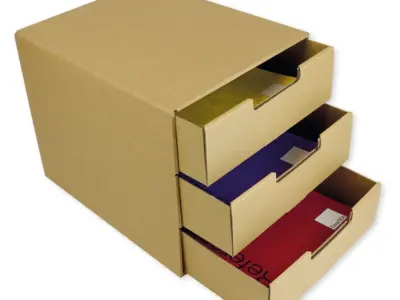 Opbevaringskasse med skuffer – naturkarton, A4